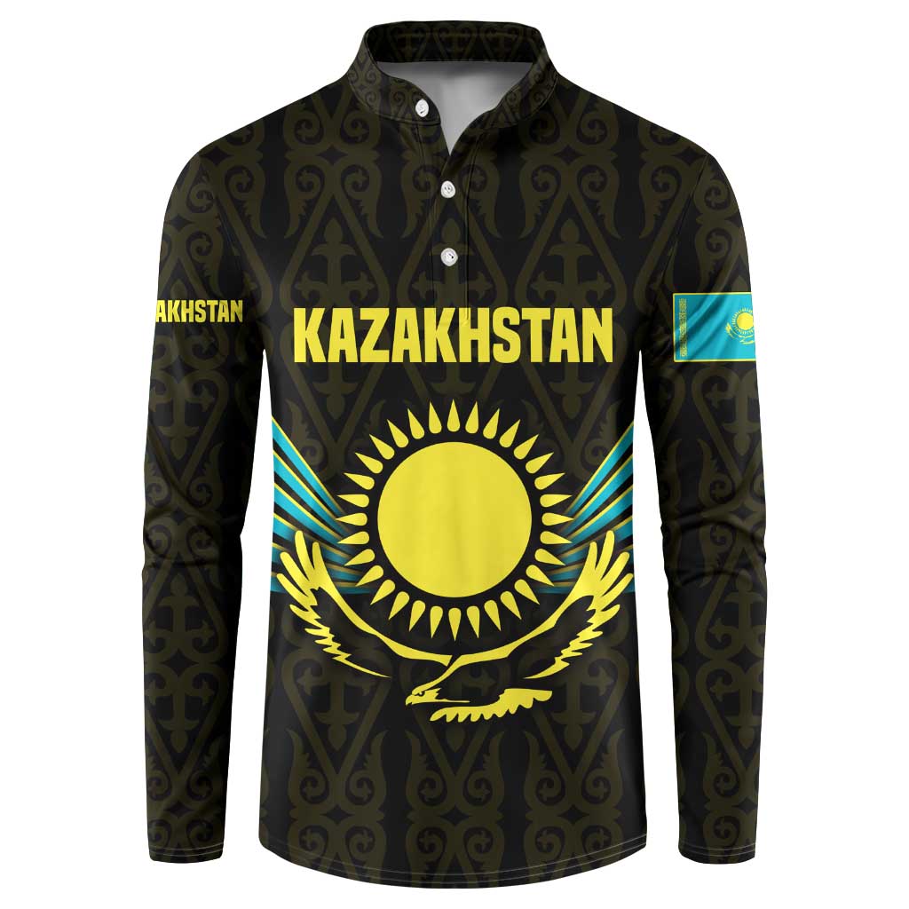Kazakhstan National Emblem Button Sweatshirt with Black Tribal Pattern and Sun Eagle Motif