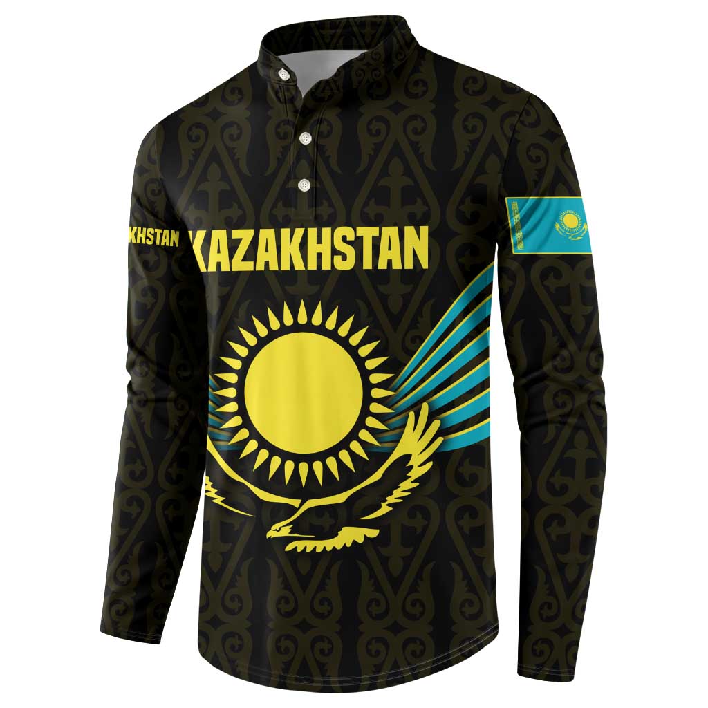 Kazakhstan National Emblem Button Sweatshirt with Black Tribal Pattern and Sun Eagle Motif