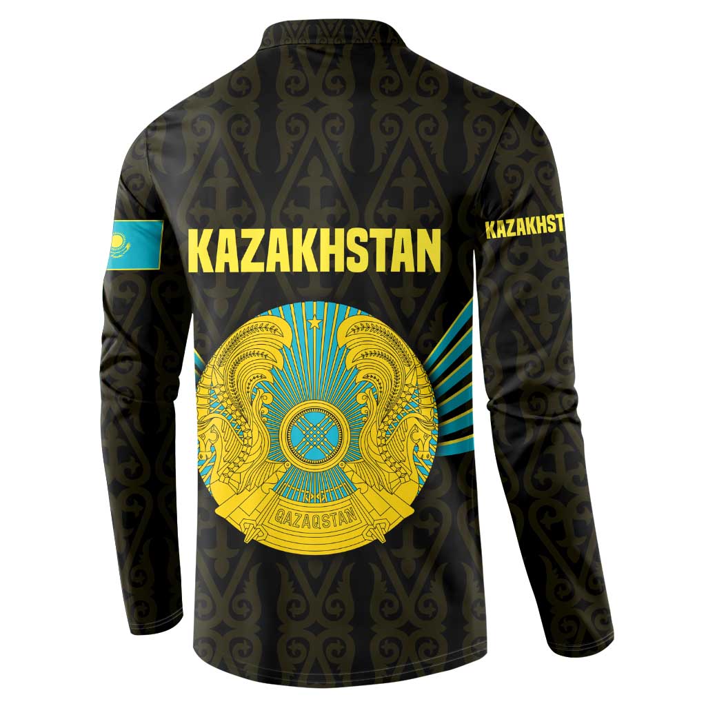 Kazakhstan National Emblem Button Sweatshirt with Black Tribal Pattern and Sun Eagle Motif