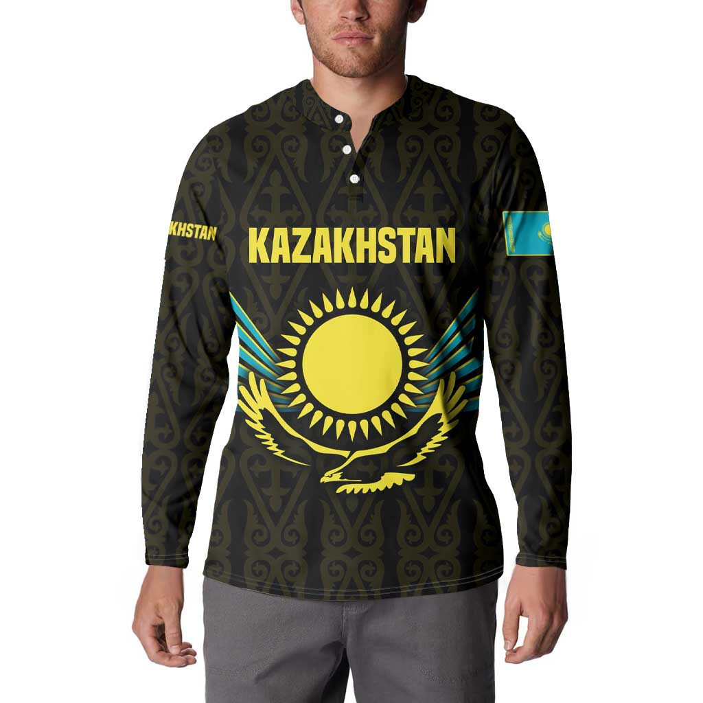 Kazakhstan National Emblem Button Sweatshirt with Black Tribal Pattern and Sun Eagle Motif