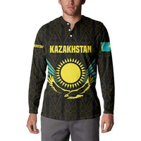 Kazakhstan National Emblem Button Sweatshirt with Black Tribal Pattern and Sun Eagle Motif