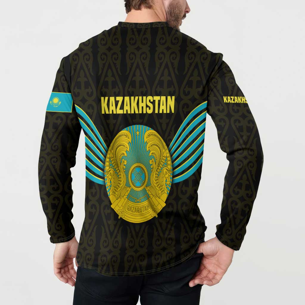 Kazakhstan National Emblem Button Sweatshirt with Black Tribal Pattern and Sun Eagle Motif