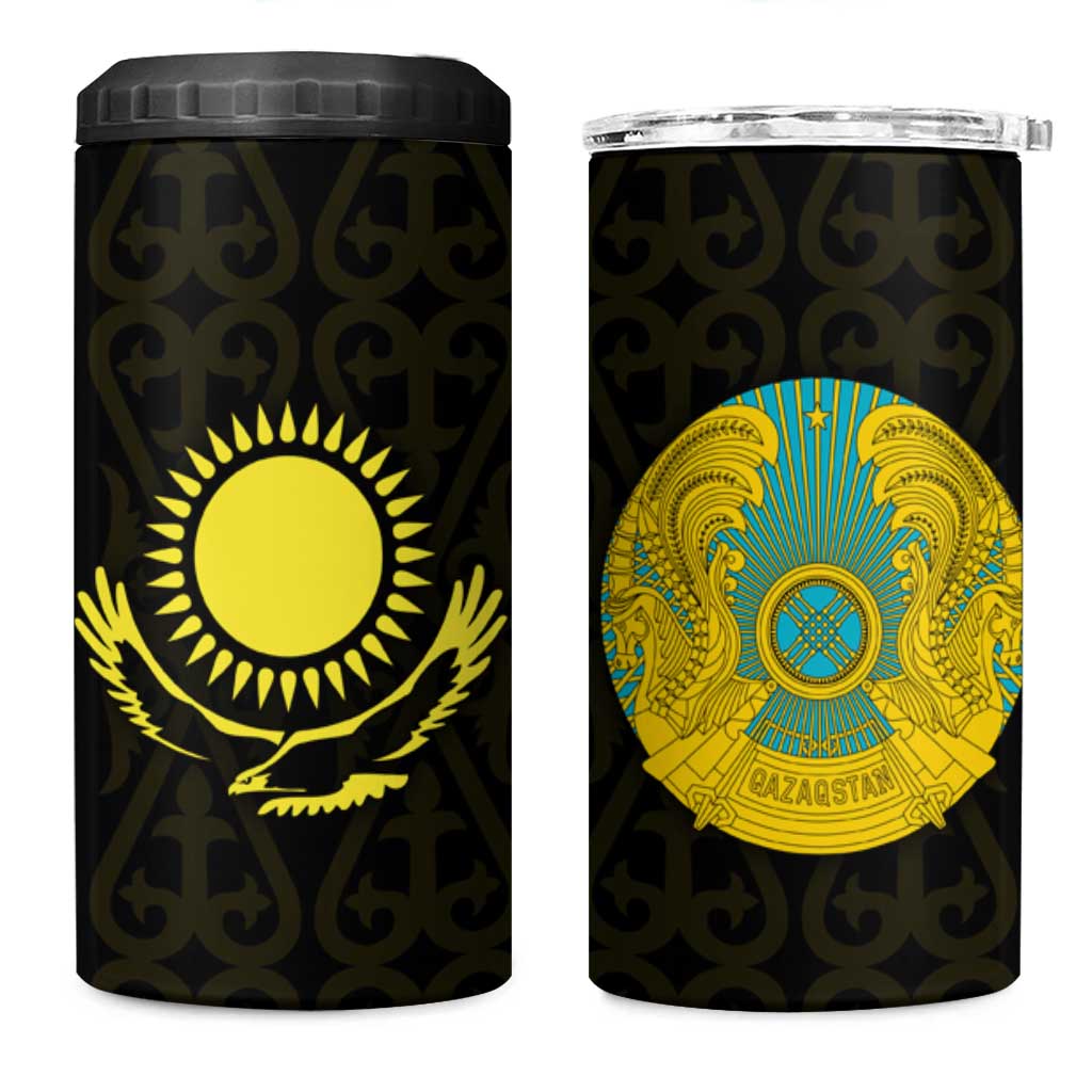 Kazakhstan National Emblem 4 in 1 Can Cooler Tumbler with Black Tribal Pattern and Sun Eagle Motif