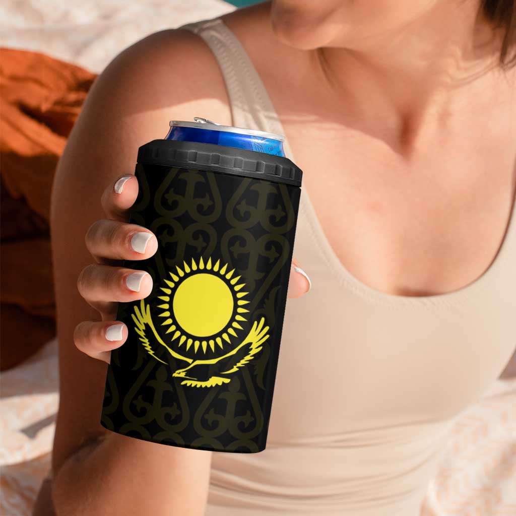Kazakhstan National Emblem 4 in 1 Can Cooler Tumbler with Black Tribal Pattern and Sun Eagle Motif