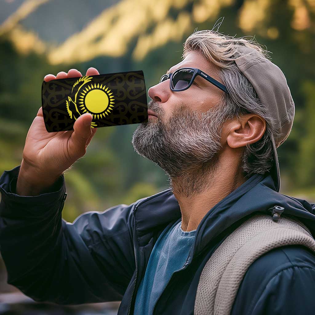 Kazakhstan National Emblem 4 in 1 Can Cooler Tumbler with Black Tribal Pattern and Sun Eagle Motif