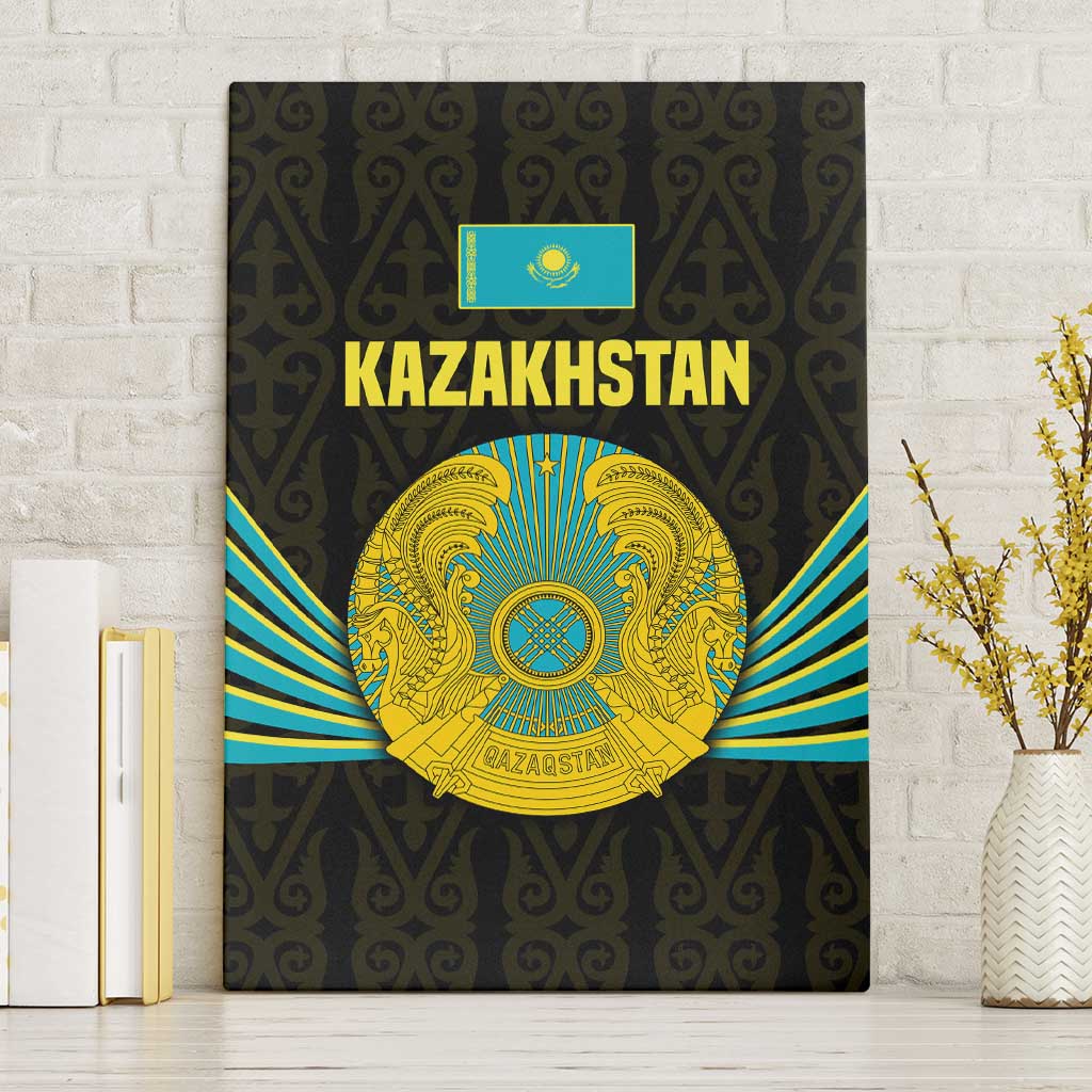 Kazakhstan National Emblem Canvas Wall Art with Black Tribal Pattern and Sun Eagle Motif