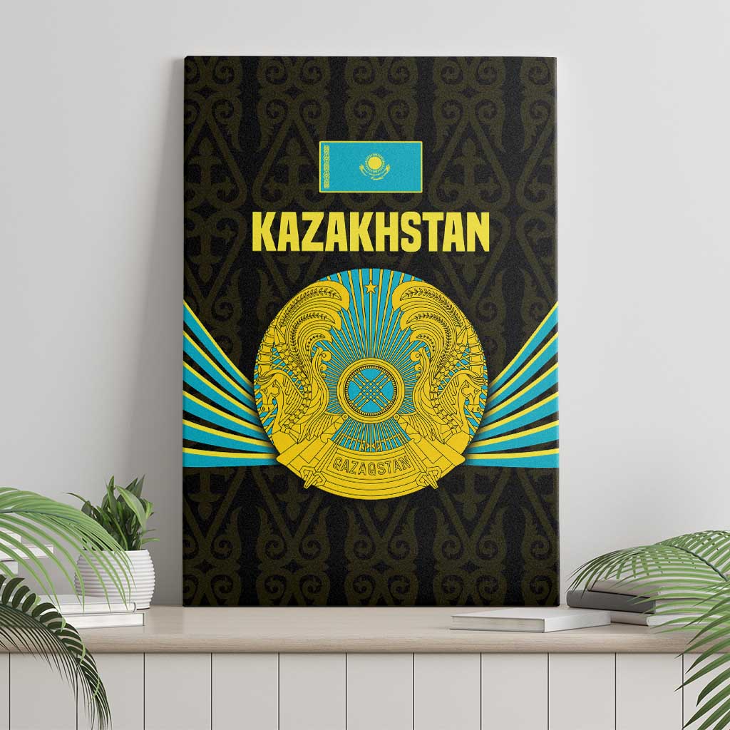 Kazakhstan National Emblem Canvas Wall Art with Black Tribal Pattern and Sun Eagle Motif