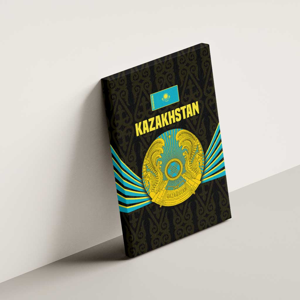 Kazakhstan National Emblem Canvas Wall Art with Black Tribal Pattern and Sun Eagle Motif