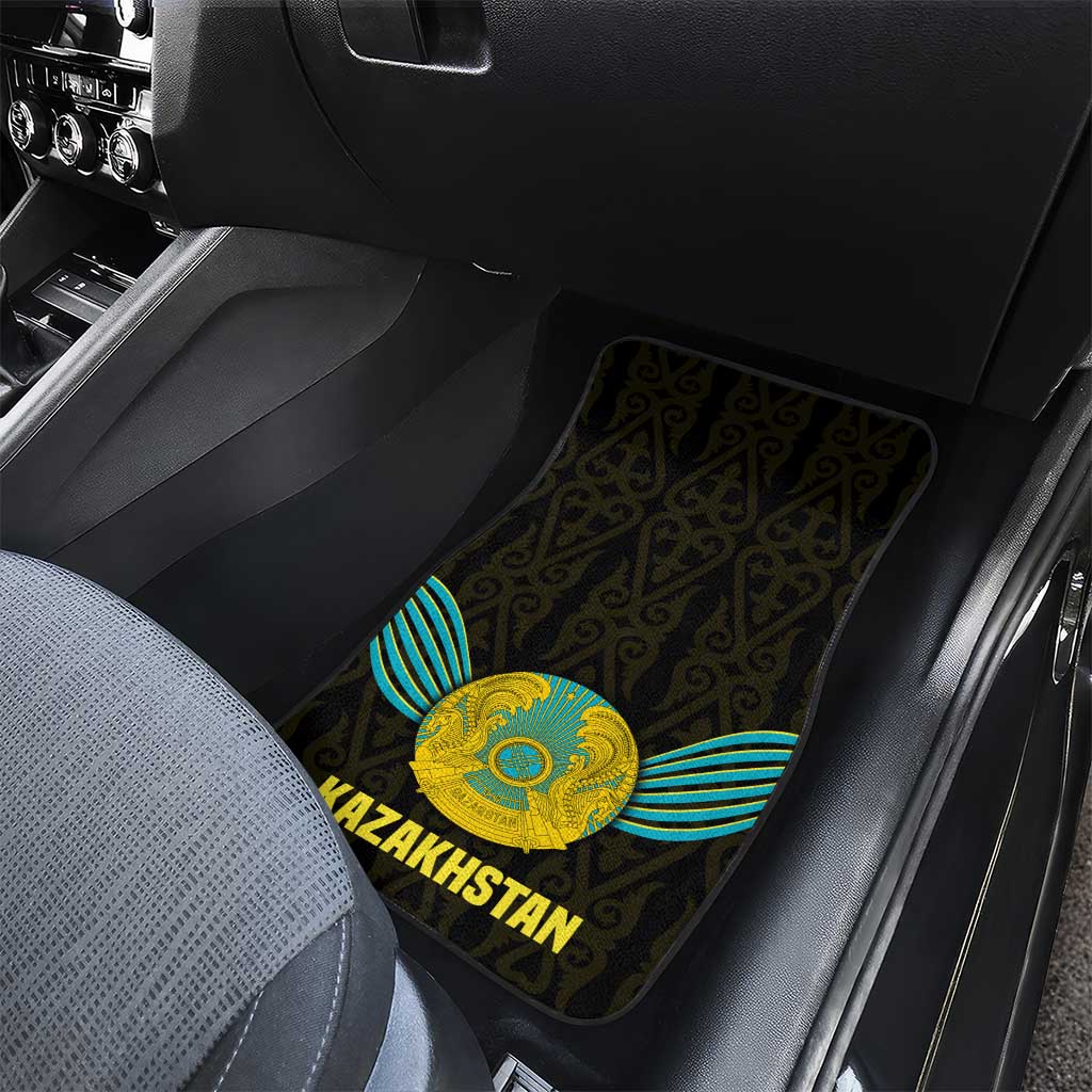 Kazakhstan National Emblem Car Mats with Black Tribal Pattern and Sun Eagle Motif