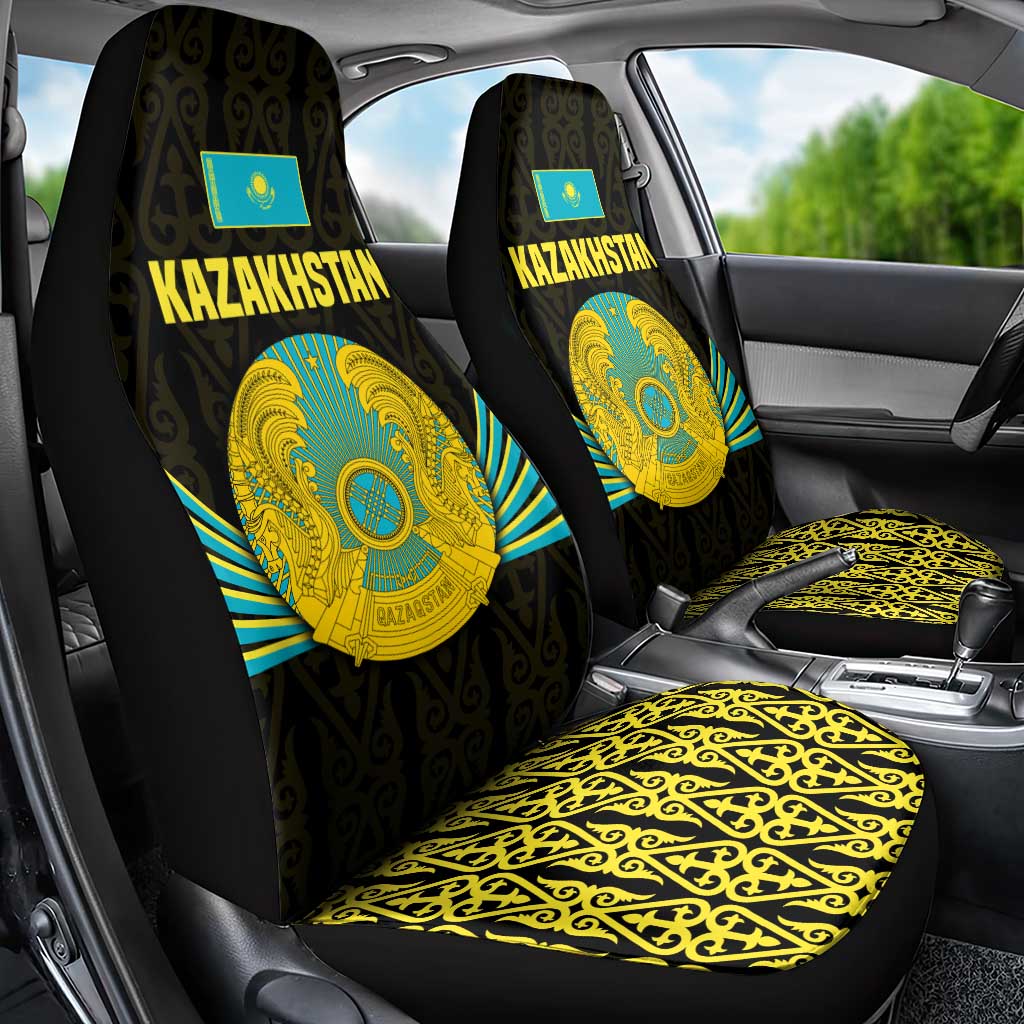 Kazakhstan National Emblem Car Seat Cover with Black Tribal Pattern and Sun Eagle Motif