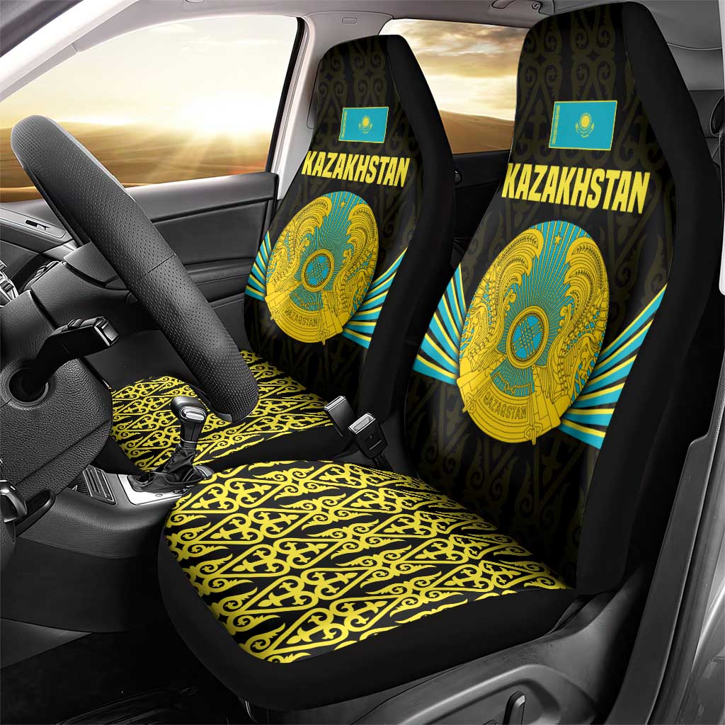Kazakhstan National Emblem Car Seat Cover with Black Tribal Pattern and Sun Eagle Motif