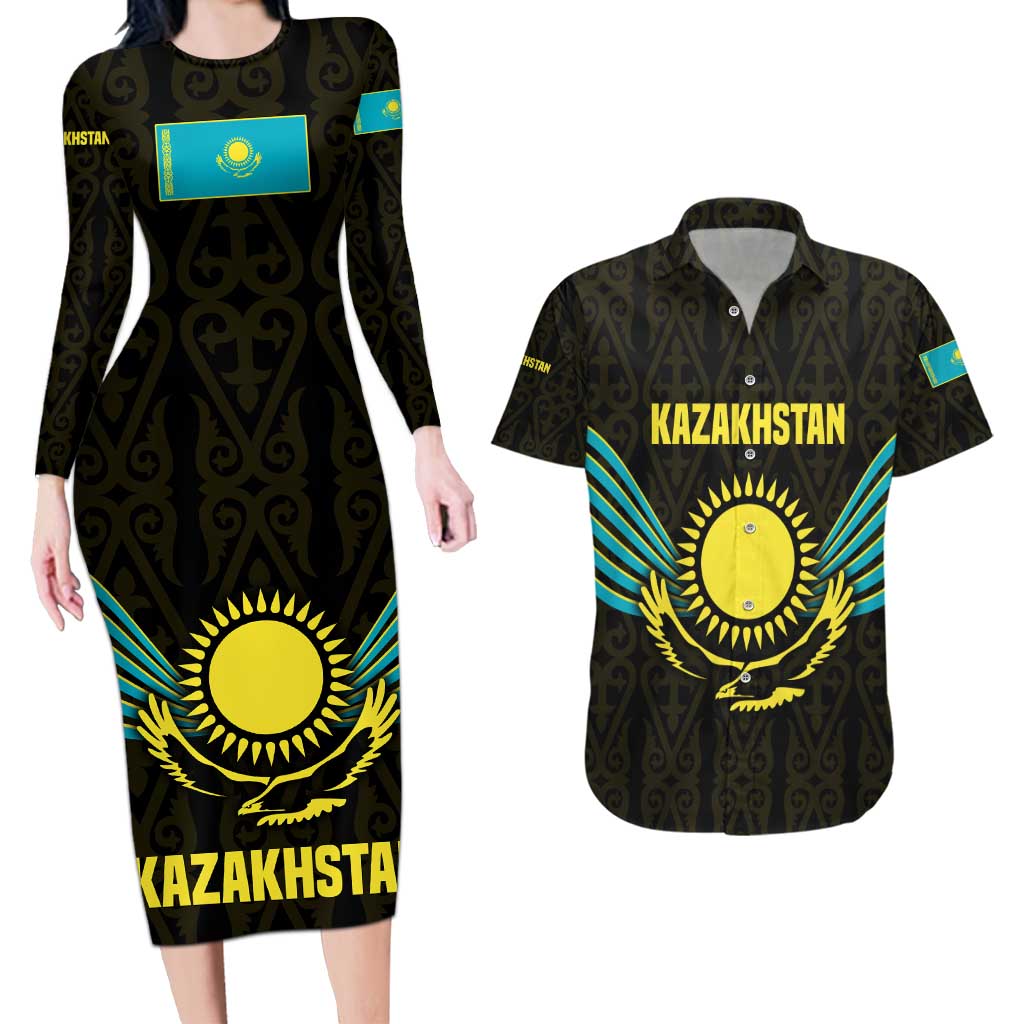 Kazakhstan National Emblem Couples Matching Long Sleeve Bodycon Dress and Hawaiian Shirt with Black Tribal Pattern and Sun Eagle Motif