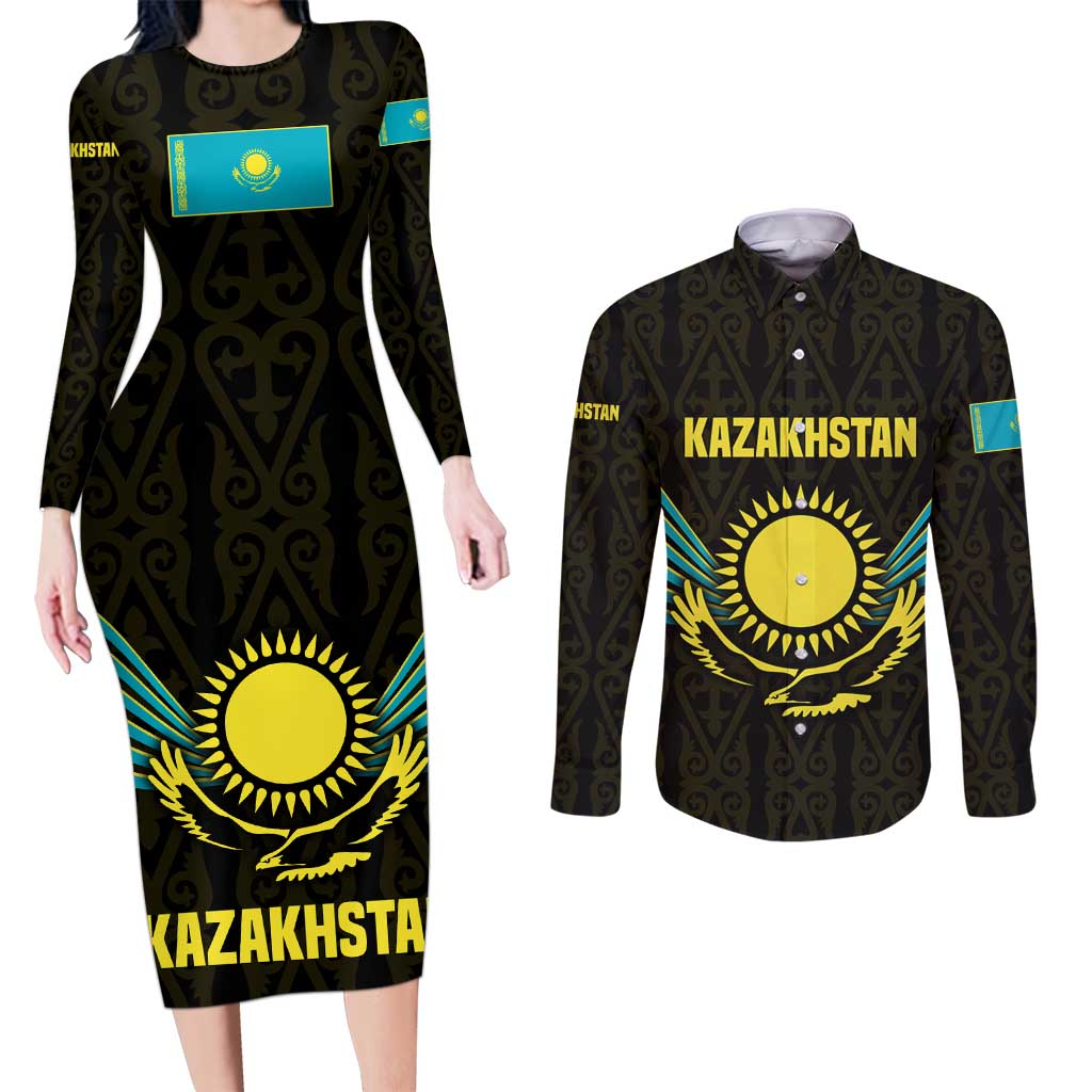 Kazakhstan National Emblem Couples Matching Long Sleeve Bodycon Dress and Long Sleeve Button Shirt with Black Tribal Pattern and Sun Eagle Motif