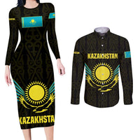 Kazakhstan National Emblem Couples Matching Long Sleeve Bodycon Dress and Long Sleeve Button Shirt with Black Tribal Pattern and Sun Eagle Motif