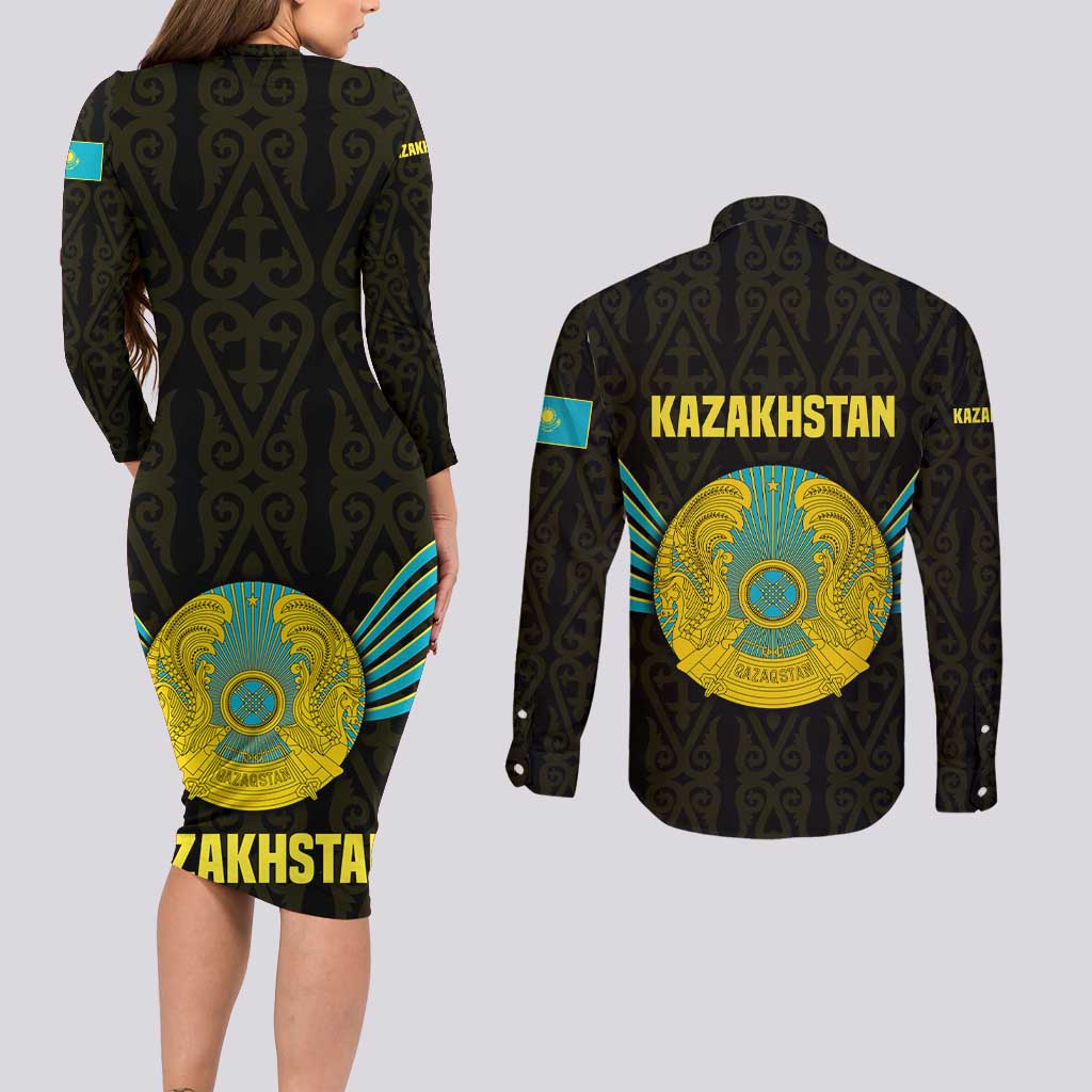 Kazakhstan National Emblem Couples Matching Long Sleeve Bodycon Dress and Long Sleeve Button Shirt with Black Tribal Pattern and Sun Eagle Motif