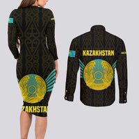 Kazakhstan National Emblem Couples Matching Long Sleeve Bodycon Dress and Long Sleeve Button Shirt with Black Tribal Pattern and Sun Eagle Motif