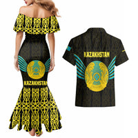 Kazakhstan National Emblem Couples Matching Mermaid Dress and Hawaiian Shirt with Black Tribal Pattern and Sun Eagle Motif