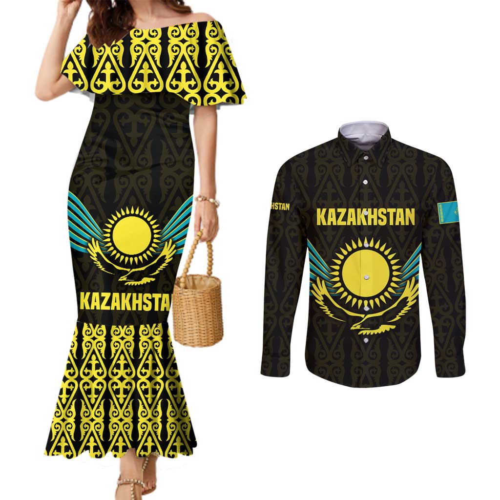 Kazakhstan National Emblem Couples Matching Mermaid Dress and Long Sleeve Button Shirt with Black Tribal Pattern and Sun Eagle Motif