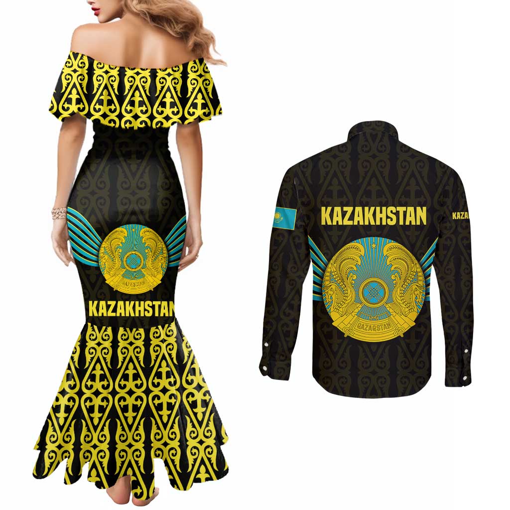 Kazakhstan National Emblem Couples Matching Mermaid Dress and Long Sleeve Button Shirt with Black Tribal Pattern and Sun Eagle Motif