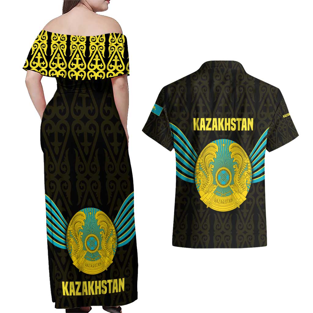 Kazakhstan National Emblem Couples Matching Off Shoulder Maxi Dress and Hawaiian Shirt with Black Tribal Pattern and Sun Eagle Motif
