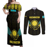 Kazakhstan National Emblem Couples Matching Off Shoulder Maxi Dress and Long Sleeve Button Shirt with Black Tribal Pattern and Sun Eagle Motif