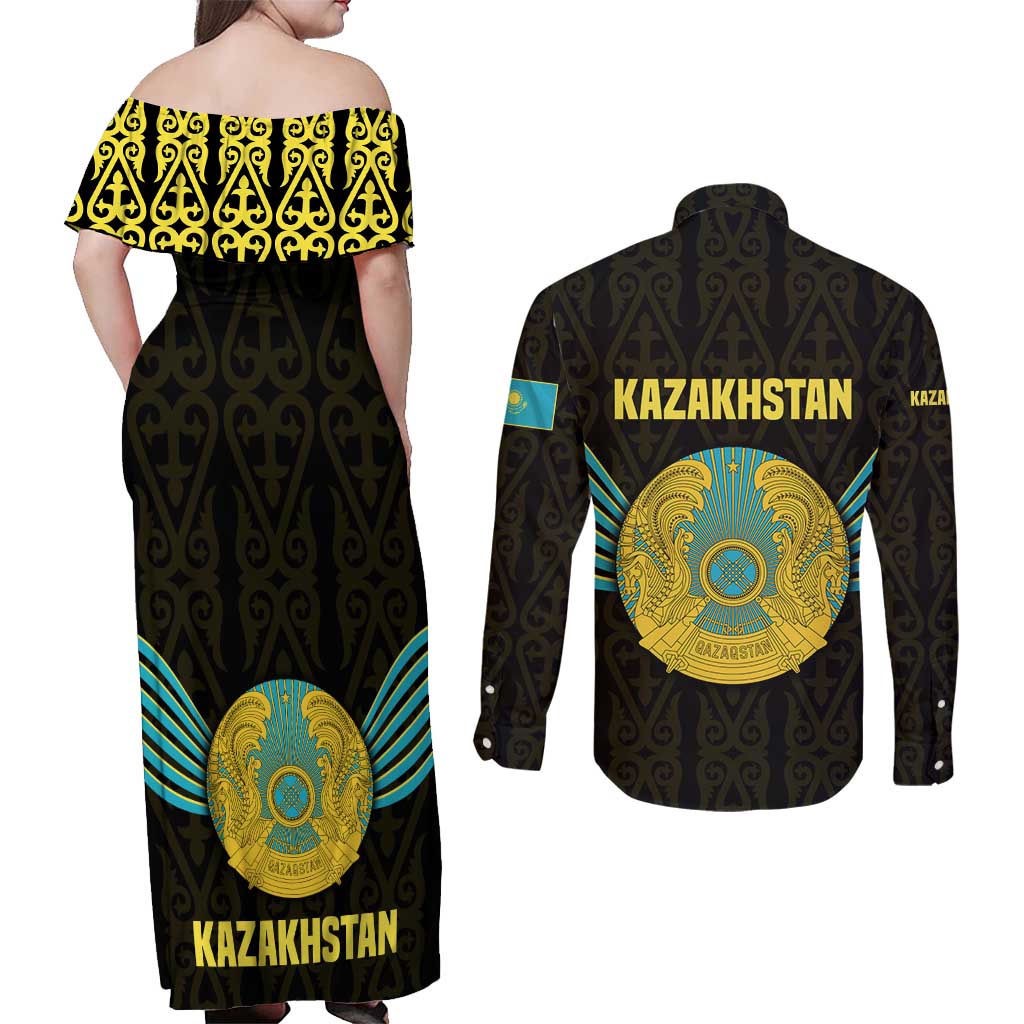 Kazakhstan National Emblem Couples Matching Off Shoulder Maxi Dress and Long Sleeve Button Shirt with Black Tribal Pattern and Sun Eagle Motif