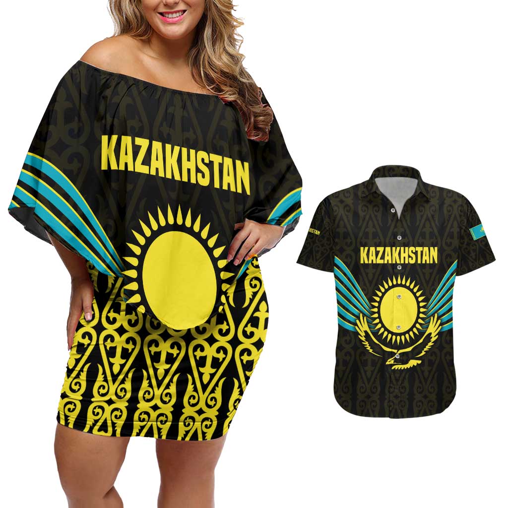 Kazakhstan National Emblem Couples Matching Off Shoulder Short Dress and Hawaiian Shirt with Black Tribal Pattern and Sun Eagle Motif