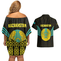 Kazakhstan National Emblem Couples Matching Off Shoulder Short Dress and Hawaiian Shirt with Black Tribal Pattern and Sun Eagle Motif