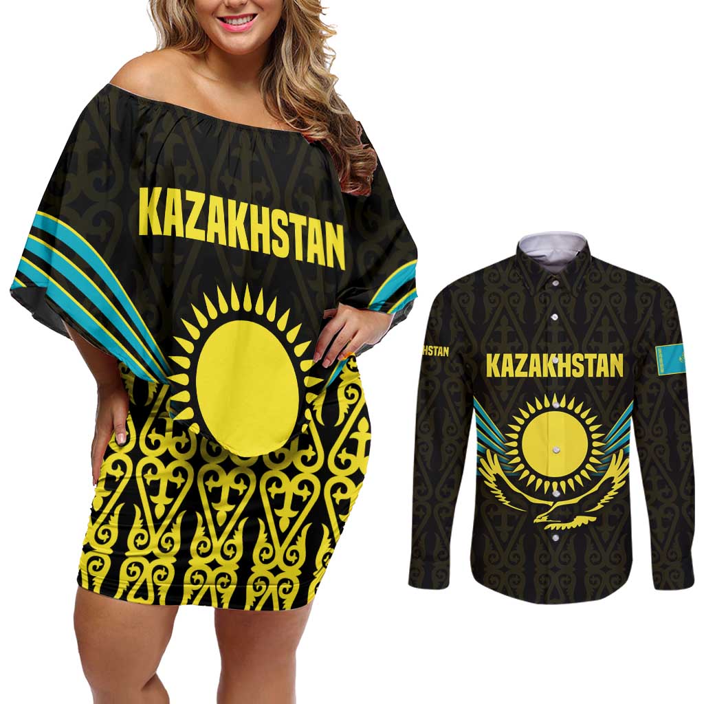 Kazakhstan National Emblem Couples Matching Off Shoulder Short Dress and Long Sleeve Button Shirt with Black Tribal Pattern and Sun Eagle Motif