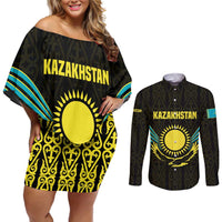 Kazakhstan National Emblem Couples Matching Off Shoulder Short Dress and Long Sleeve Button Shirt with Black Tribal Pattern and Sun Eagle Motif