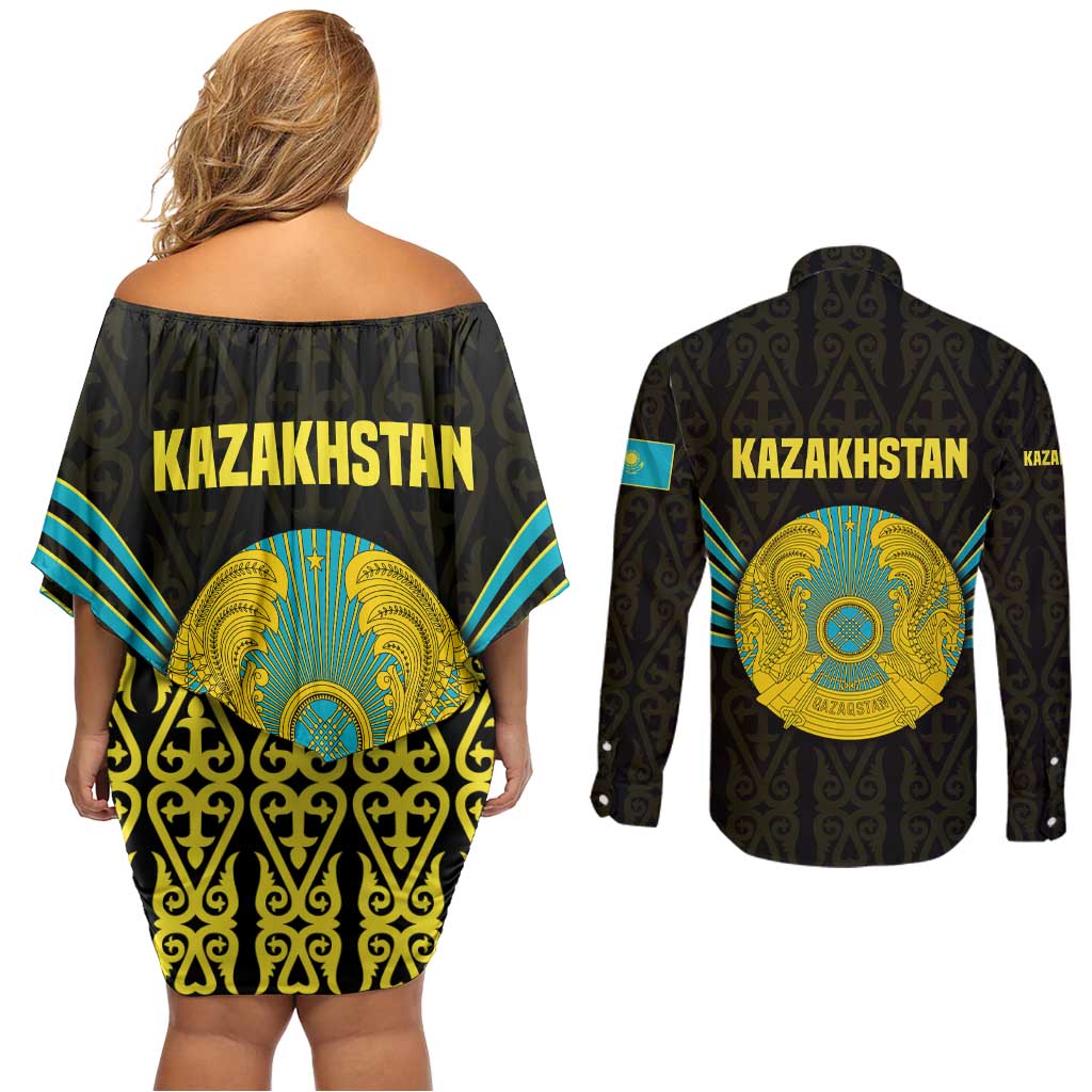 Kazakhstan National Emblem Couples Matching Off Shoulder Short Dress and Long Sleeve Button Shirt with Black Tribal Pattern and Sun Eagle Motif