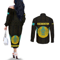 Kazakhstan National Emblem Couples Matching Off The Shoulder Long Sleeve Dress and Long Sleeve Button Shirt with Black Tribal Pattern and Sun Eagle Motif
