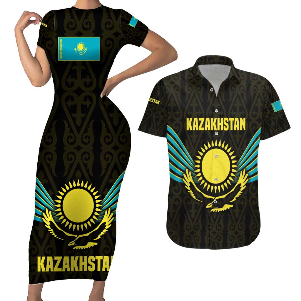 Kazakhstan National Emblem Couples Matching Short Sleeve Bodycon Dress and Hawaiian Shirt with Black Tribal Pattern and Sun Eagle Motif