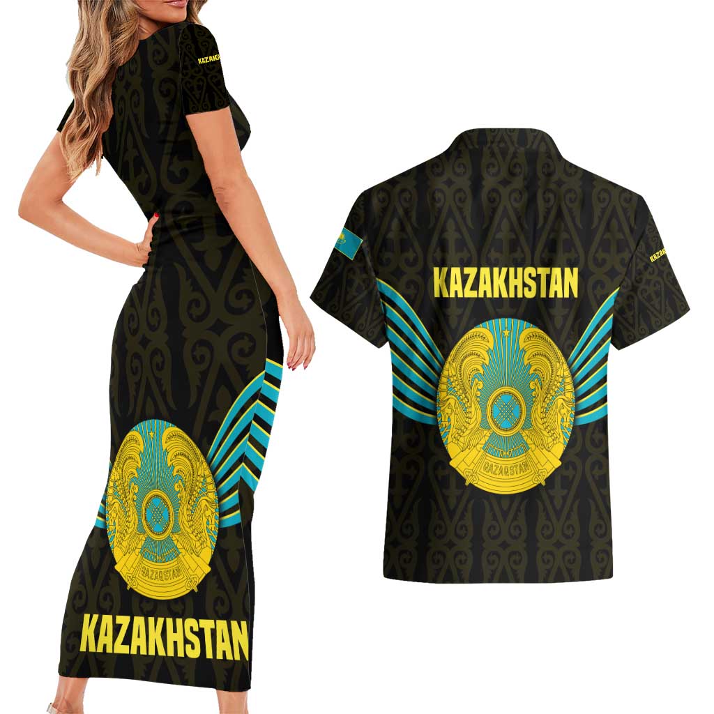Kazakhstan National Emblem Couples Matching Short Sleeve Bodycon Dress and Hawaiian Shirt with Black Tribal Pattern and Sun Eagle Motif
