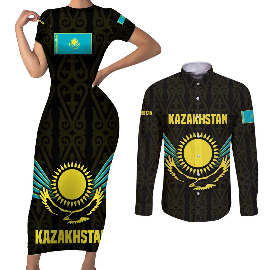 Kazakhstan National Emblem Couples Matching Short Sleeve Bodycon Dress and Long Sleeve Button Shirt with Black Tribal Pattern and Sun Eagle Motif