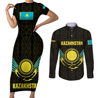 Kazakhstan National Emblem Couples Matching Short Sleeve Bodycon Dress and Long Sleeve Button Shirt with Black Tribal Pattern and Sun Eagle Motif