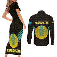 Kazakhstan National Emblem Couples Matching Short Sleeve Bodycon Dress and Long Sleeve Button Shirt with Black Tribal Pattern and Sun Eagle Motif