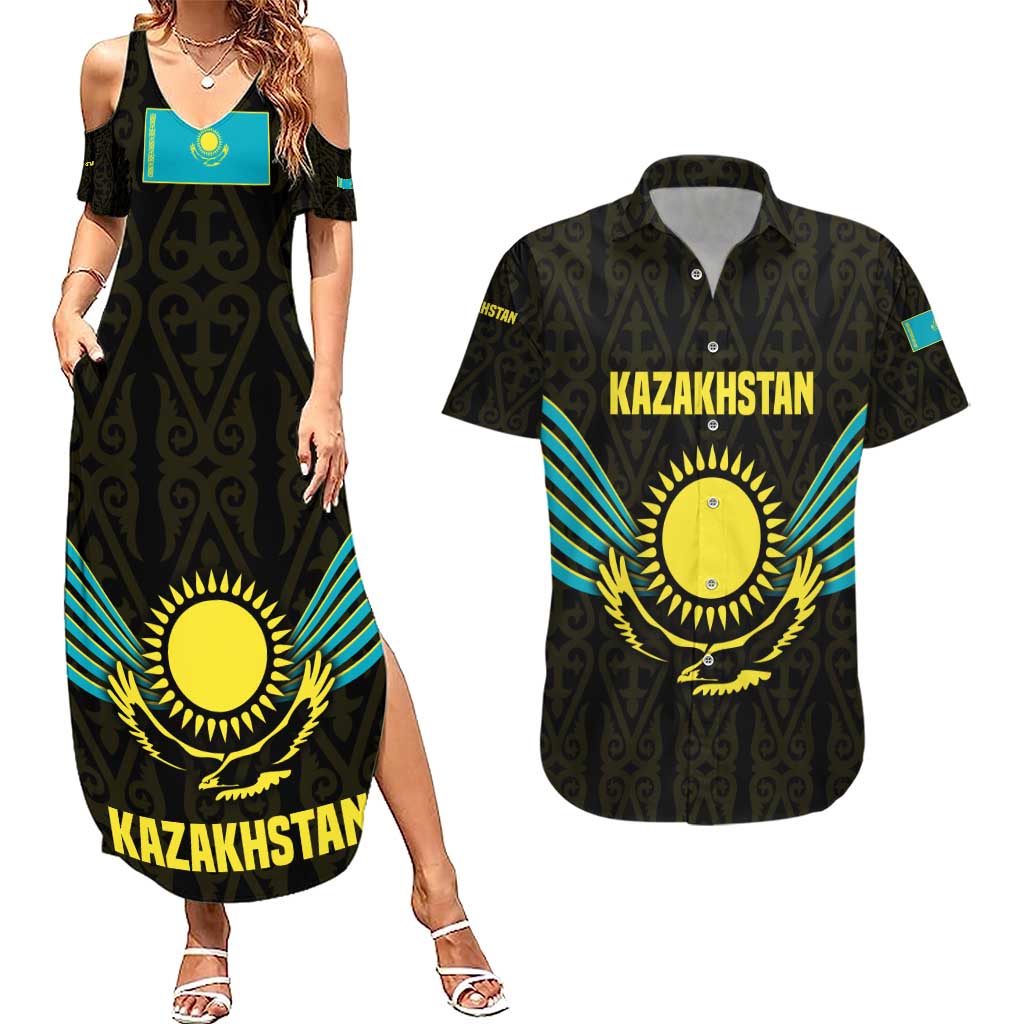 Kazakhstan National Emblem Couples Matching Summer Maxi Dress and Hawaiian Shirt with Black Tribal Pattern and Sun Eagle Motif