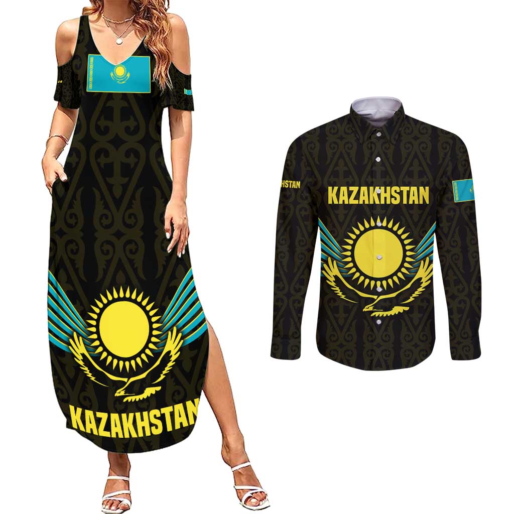 Kazakhstan National Emblem Couples Matching Summer Maxi Dress and Long Sleeve Button Shirt with Black Tribal Pattern and Sun Eagle Motif