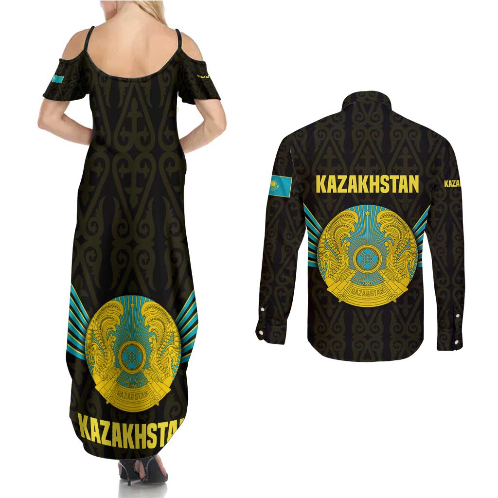 Kazakhstan National Emblem Couples Matching Summer Maxi Dress and Long Sleeve Button Shirt with Black Tribal Pattern and Sun Eagle Motif