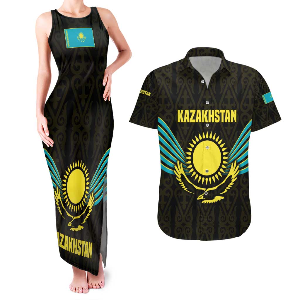Kazakhstan National Emblem Couples Matching Tank Maxi Dress and Hawaiian Shirt with Black Tribal Pattern and Sun Eagle Motif