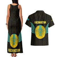Kazakhstan National Emblem Couples Matching Tank Maxi Dress and Hawaiian Shirt with Black Tribal Pattern and Sun Eagle Motif