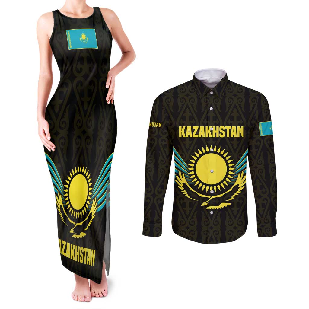 Kazakhstan National Emblem Couples Matching Tank Maxi Dress and Long Sleeve Button Shirt with Black Tribal Pattern and Sun Eagle Motif