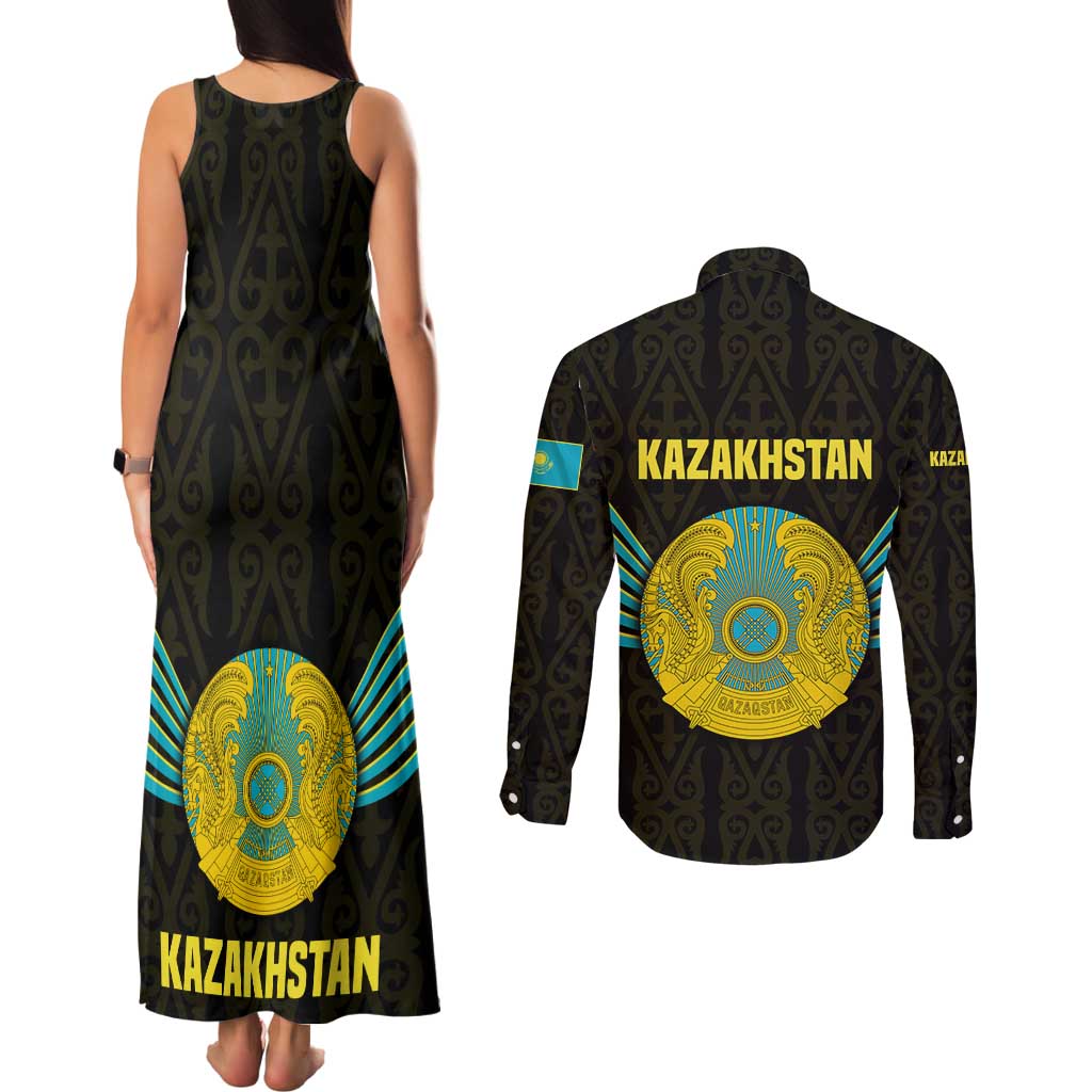 Kazakhstan National Emblem Couples Matching Tank Maxi Dress and Long Sleeve Button Shirt with Black Tribal Pattern and Sun Eagle Motif