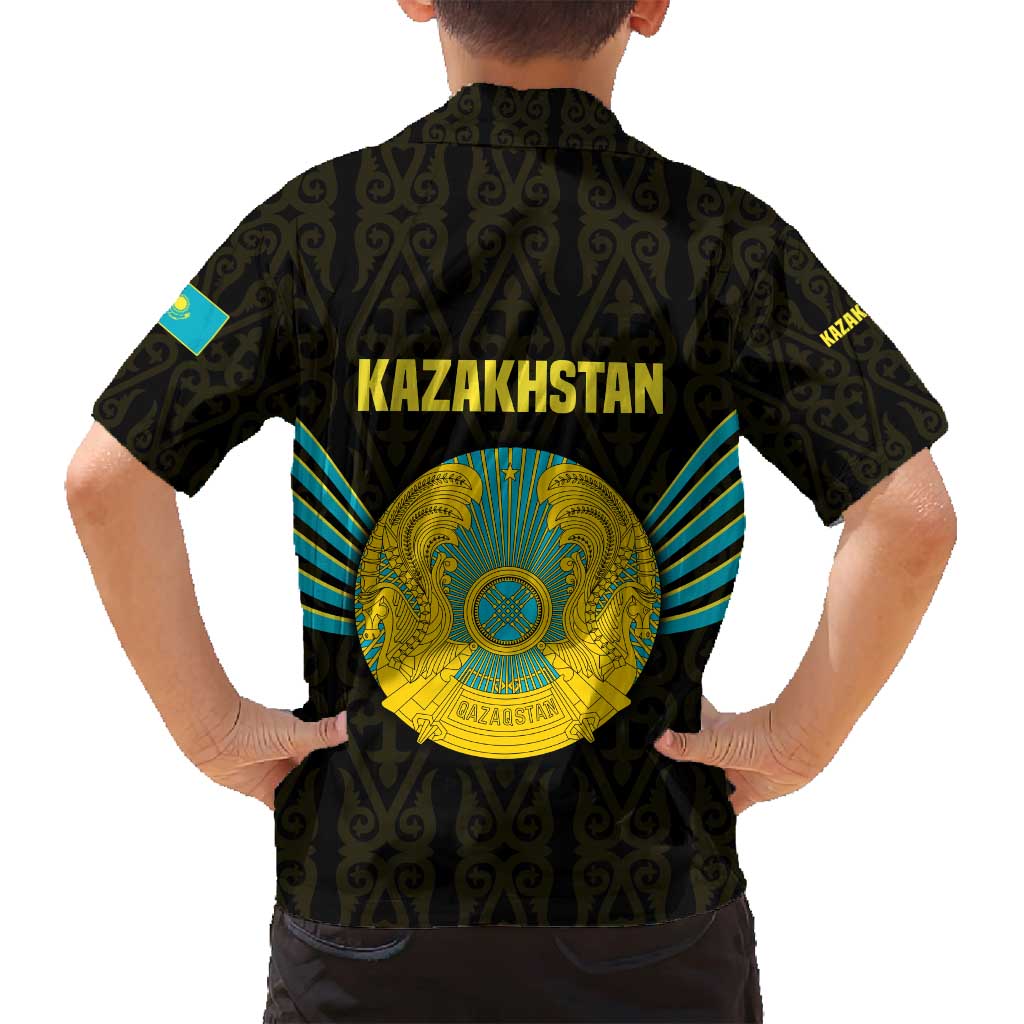 Kazakhstan National Emblem Family Matching Long Sleeve Bodycon Dress and Hawaiian Shirt with Black Tribal Pattern and Sun Eagle Motif