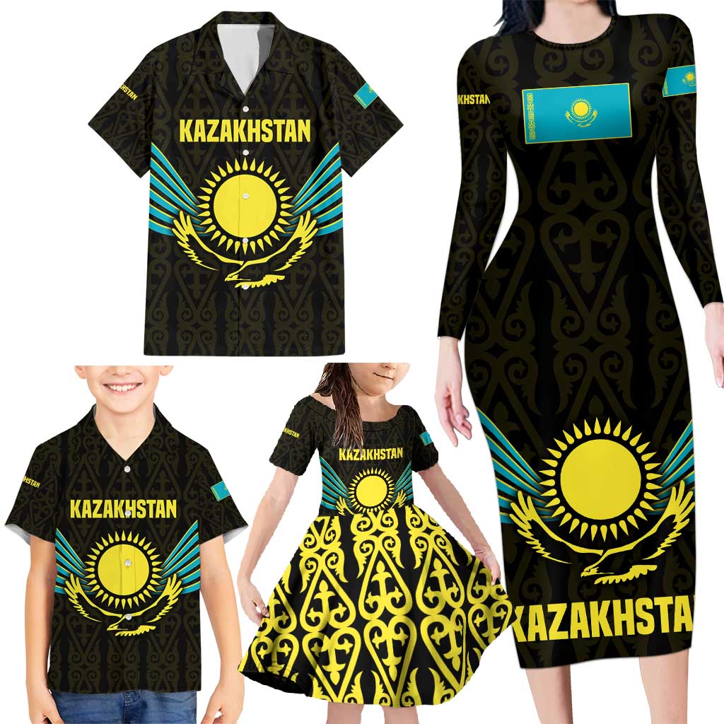 Kazakhstan National Emblem Family Matching Long Sleeve Bodycon Dress and Hawaiian Shirt with Black Tribal Pattern and Sun Eagle Motif