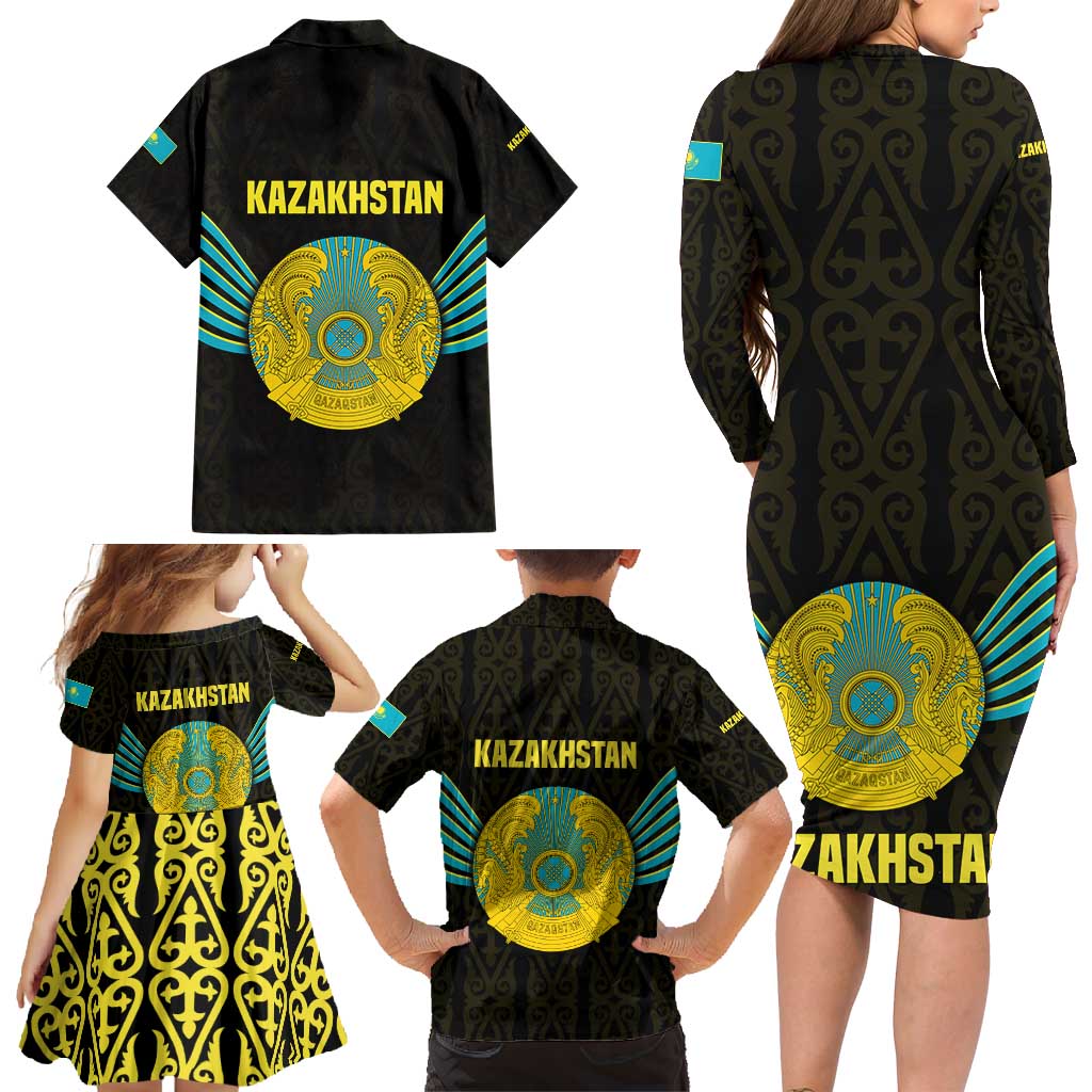 Kazakhstan National Emblem Family Matching Long Sleeve Bodycon Dress and Hawaiian Shirt with Black Tribal Pattern and Sun Eagle Motif
