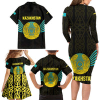 Kazakhstan National Emblem Family Matching Long Sleeve Bodycon Dress and Hawaiian Shirt with Black Tribal Pattern and Sun Eagle Motif
