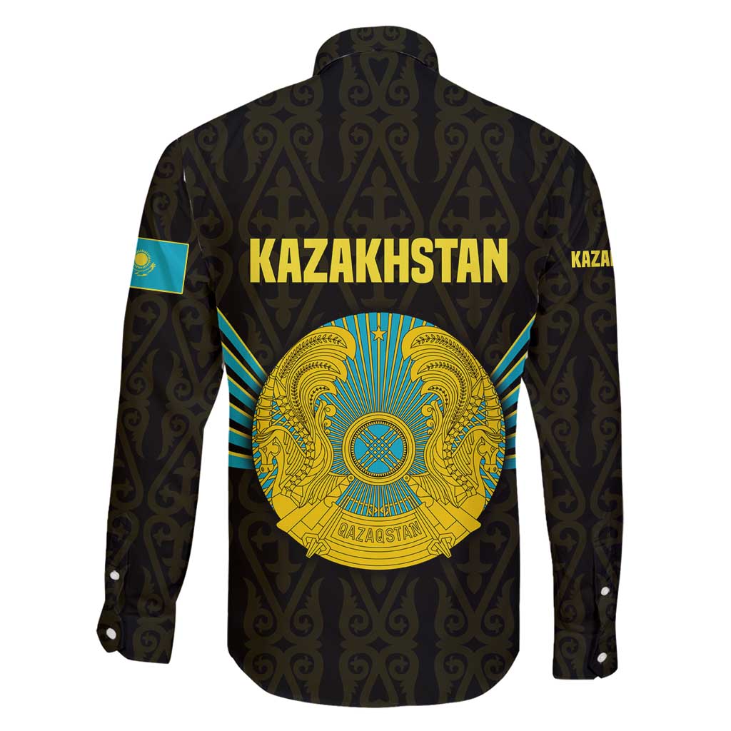 Kazakhstan National Emblem Family Matching Long Sleeve Bodycon Dress and Hawaiian Shirt with Black Tribal Pattern and Sun Eagle Motif
