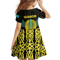 Kazakhstan National Emblem Family Matching Mermaid Dress and Hawaiian Shirt with Black Tribal Pattern and Sun Eagle Motif